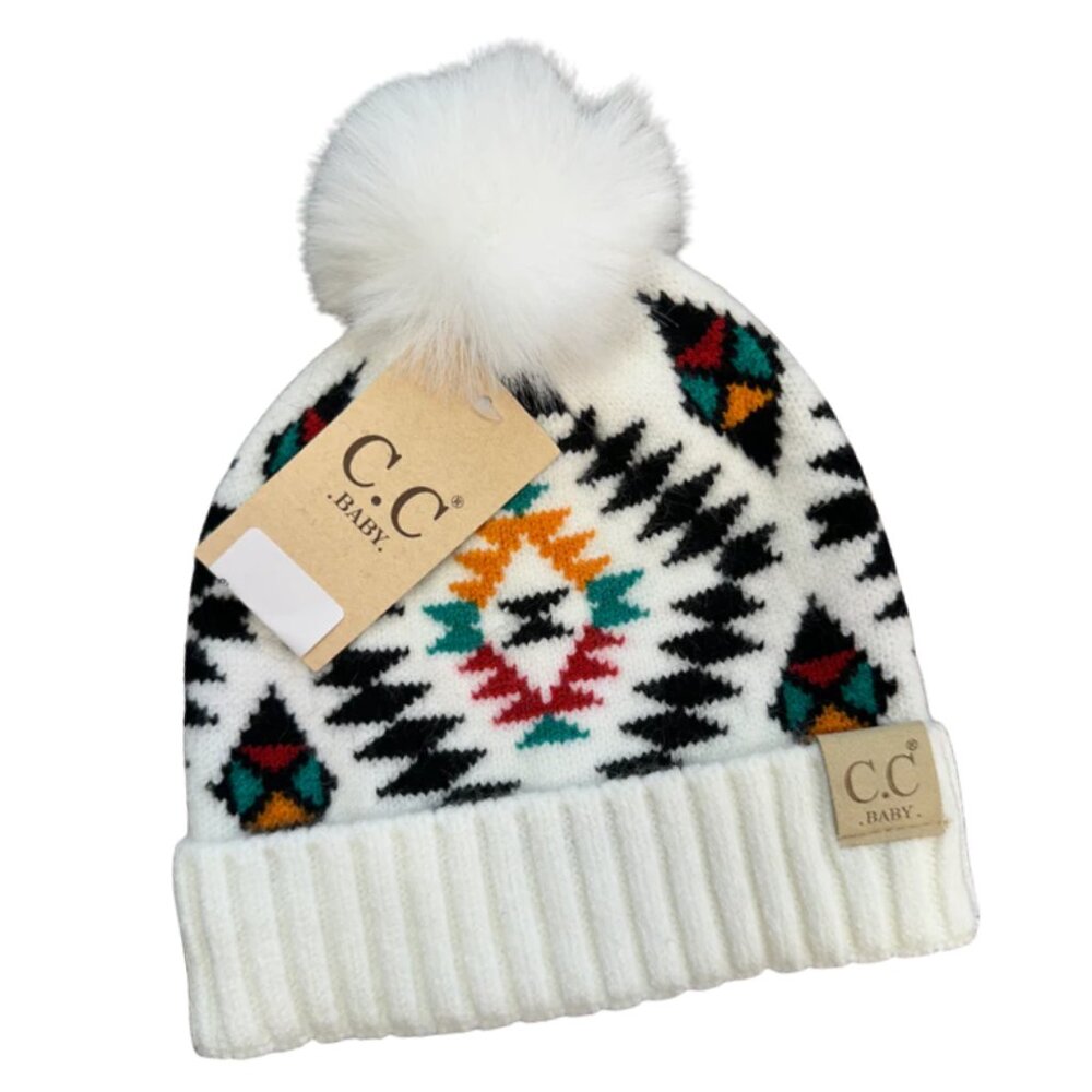CC Baby Aztec Pom Pom Beanie Hats in White